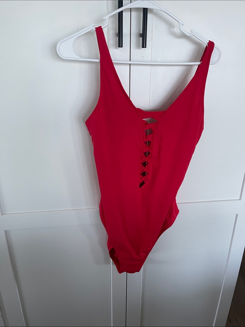 Macy's Red Lace-Up One-Piece Swimsuit